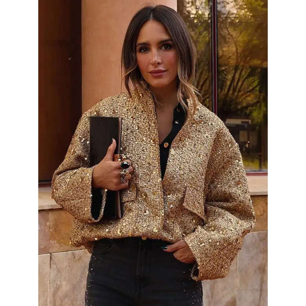 Women's Sequined Bomber Fall New Round Neck Long Sleeve Pocket Stretch Hem Sequins Jacket Coat Female Chic Outerwear