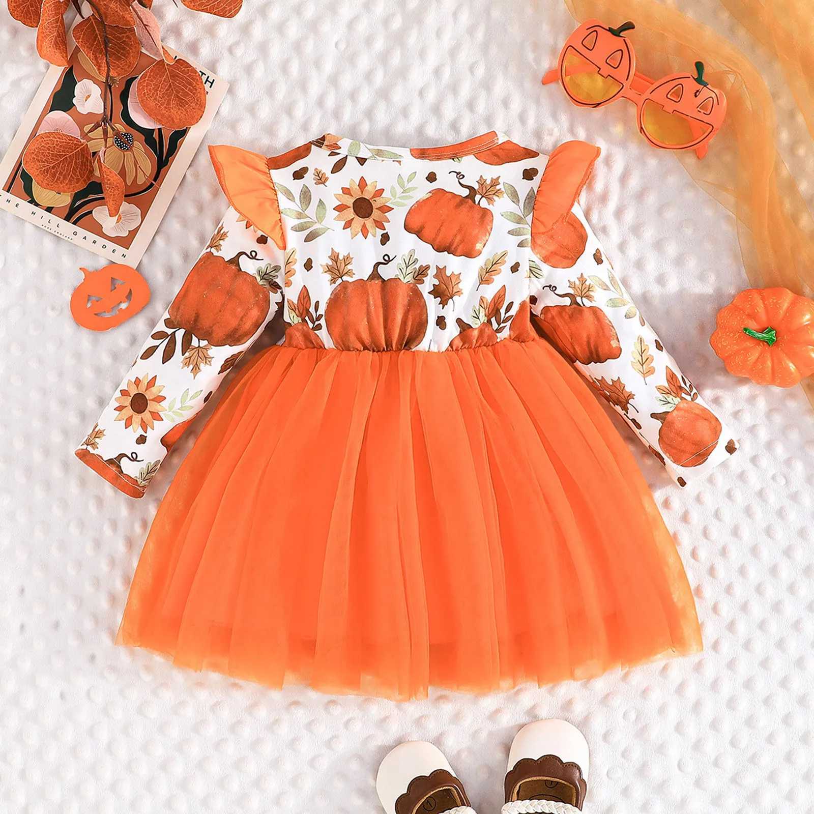 2024 Fashion Dress Kids Girls Long Sleeve Halloween Pumpkin Prints Tulle Princess Dress Sweet Girls Clothes Dress Size 1-4yearsXJ241206