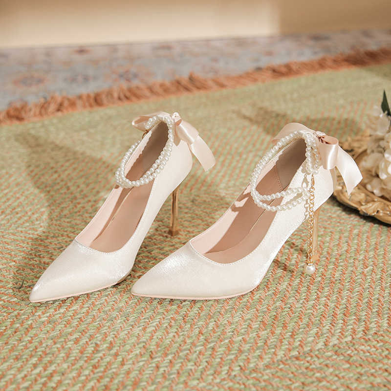 Heart Orchid New Ribbon Pearl Strap Pointed Narrow Heel High Heels Womens Versatile Commuting Sweet Series Large Size