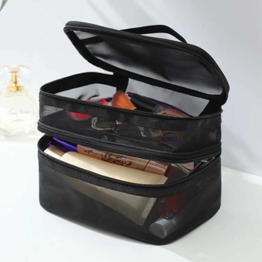 Womens Double-layer Mesh Makeup Bag Portable Large Capacity Toiletries Box Cosmetics Storage ToolXJ241206