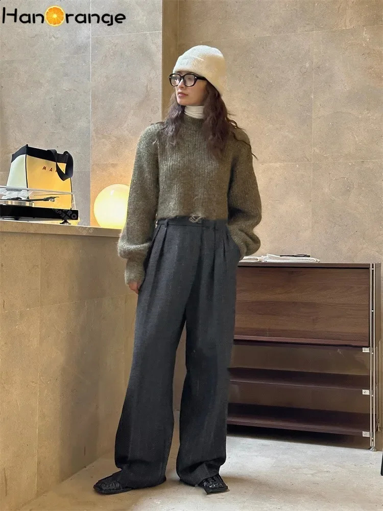 HanOrange Winter Fashion Modern Wide Leg Woolen Pants for Women Loose Warm and Comfortable Trouser Womens Black Grey/Coffee 241202