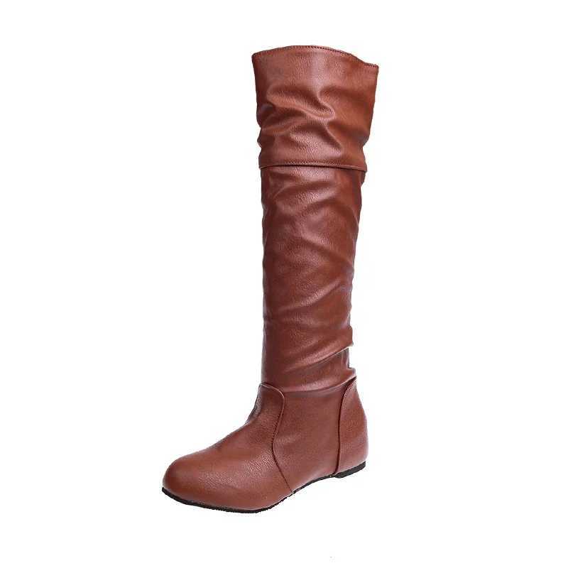 High Quality Autumn New Warm Thick High Heels Fi Plus Size Concave Toe Wrinkle Flat Knee High Knight Boots T241206