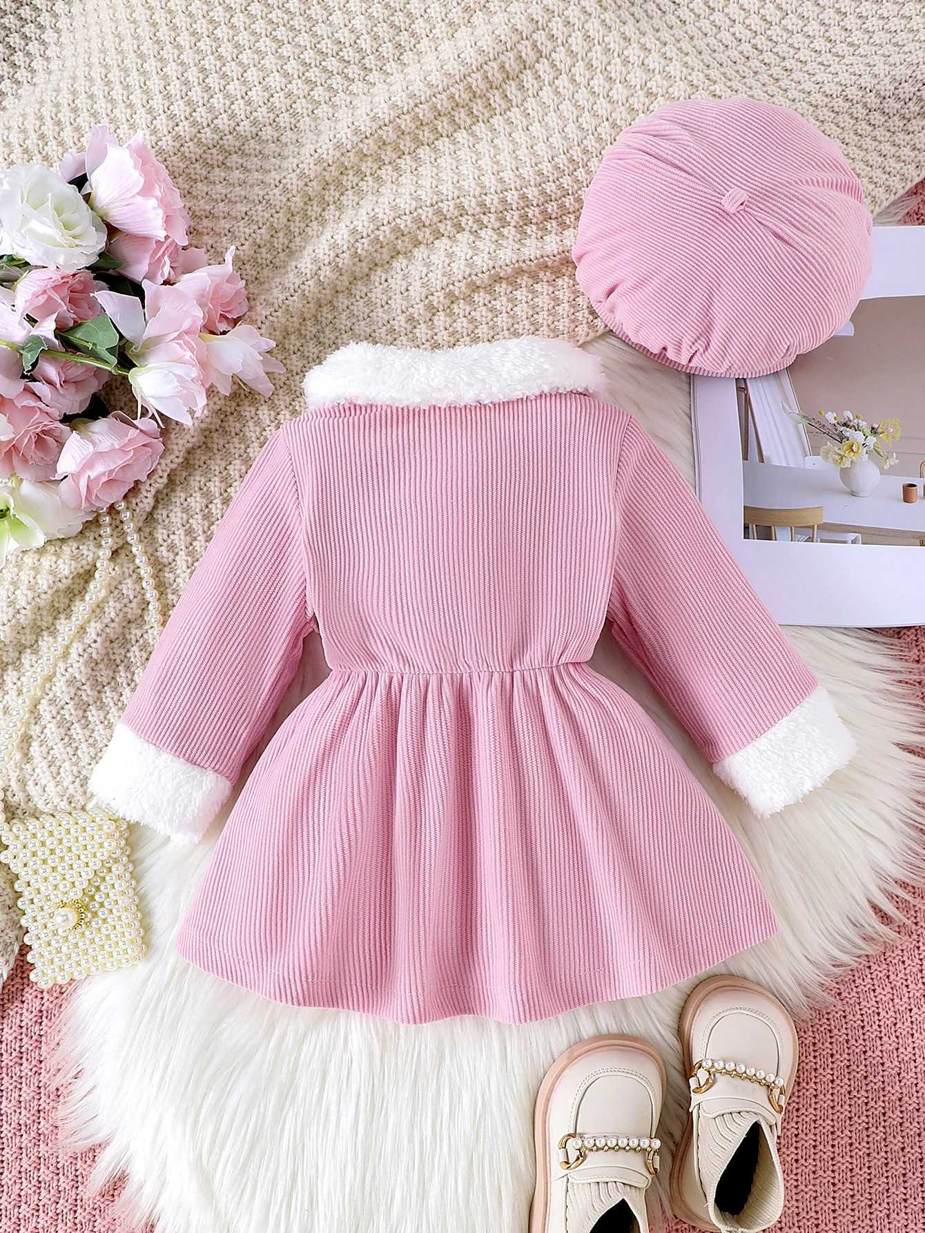 2PCS Winter New Sle For Girls Aged 0-3 Comfortable Foreign Sle Sweet Fluffy Stitching Pink Dress + HatXJ241206