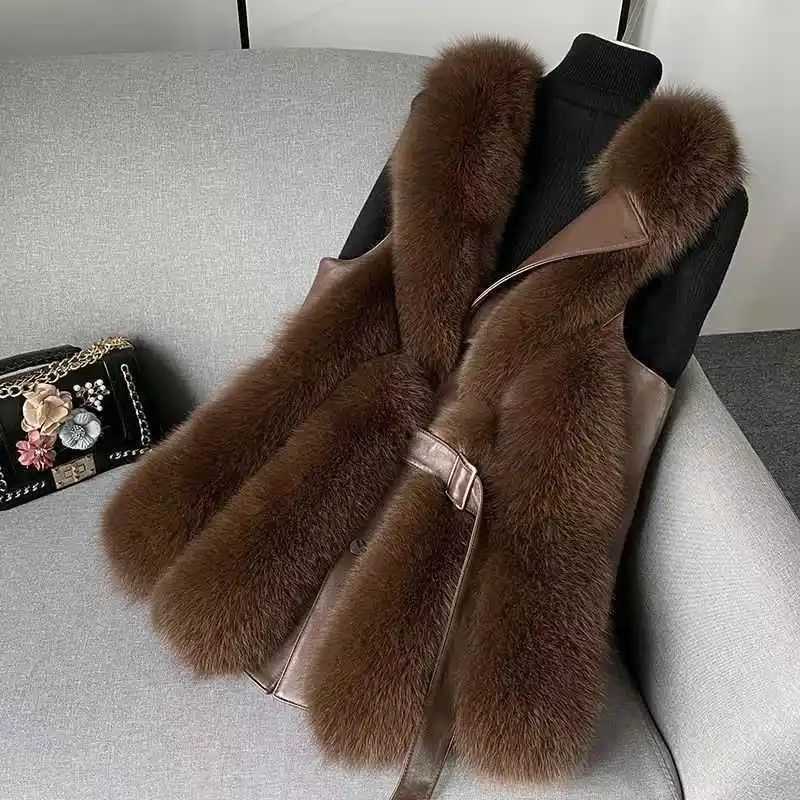 New Imitation Fur Vest With Belt Womens Slim Fit Fashion V-shaped Collar Solid Color Jacket Thickened Sveless Warm TopXJ241206