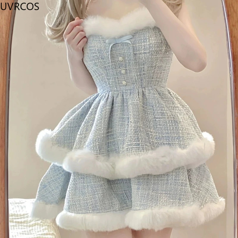 Elegant Korean style coarse woolen plain dress set for womens plush patch work short wool jacket sexy bow mini skiing Japanese fashion 241206