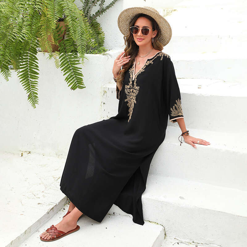 European and American cotton embroidered beach long robe style vacation jumpsuit, bikini swimsuit, outer cover shirt, 2024 new casual versatile fashio