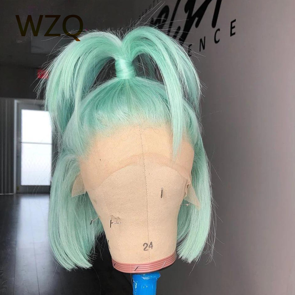Pink Colored Short Straight Bob Front Mint Green Human Hair Wigs 613 Blonde Platinum HD Transparent Lace Frontal Wig