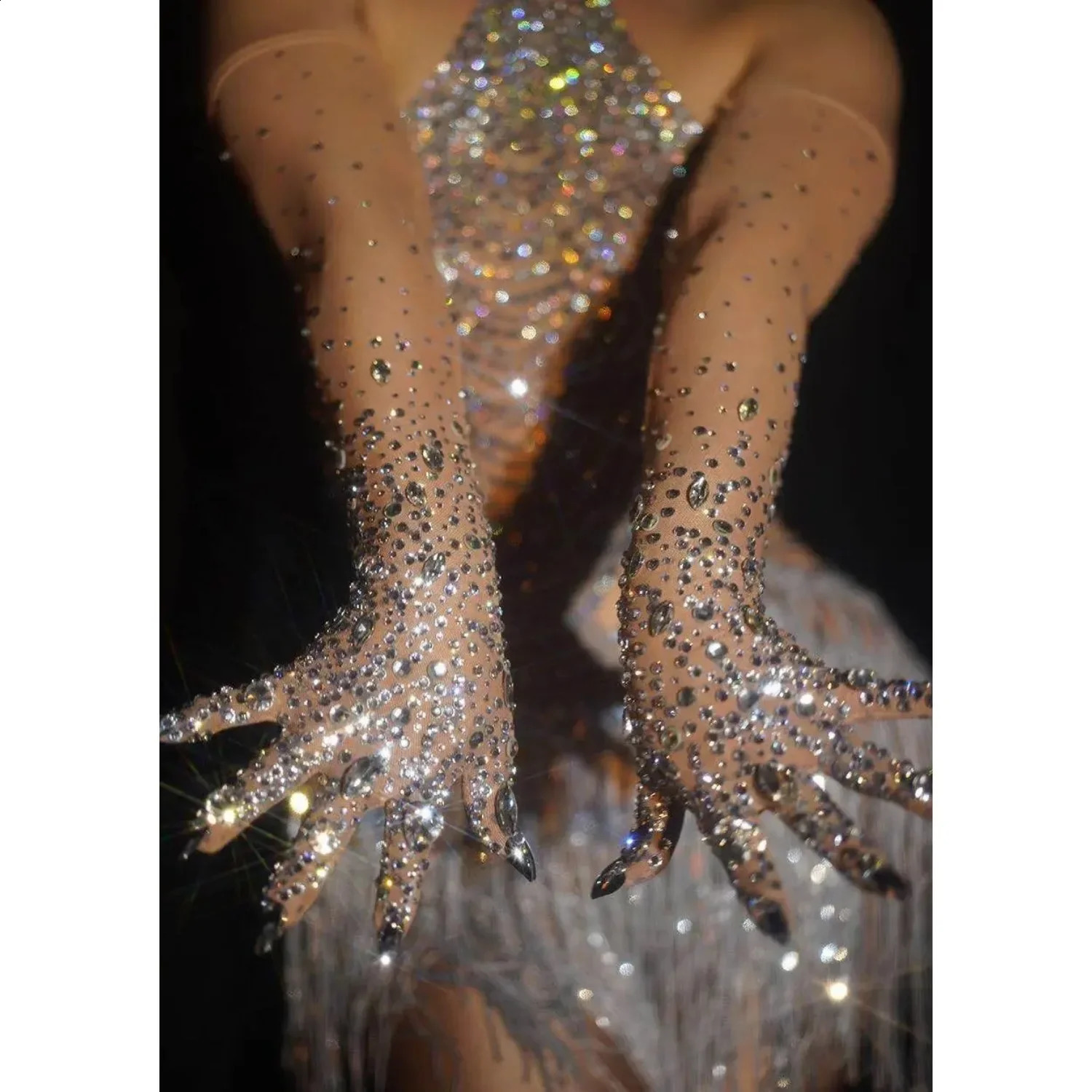 Womens sparkling crystal mesh long angle gloves elastic rhinestone gloves dance singer stage costume accessories 241206