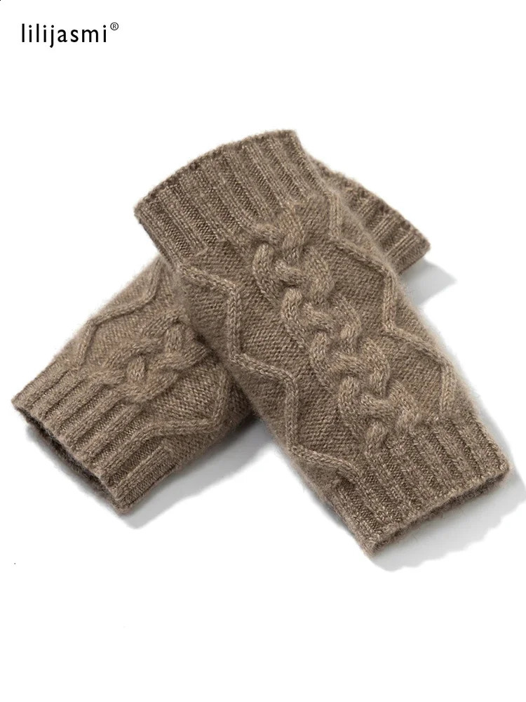 100% genuine cashmere autumn thick cable gloves no finger warmth wrist length thumb hole gloves classic womens elegant 241206