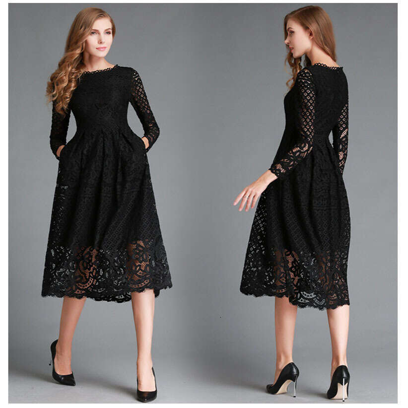 European and American autumn women's dress round neck hollow out simple lace long sleeved slim fit mid length skirt 2024 new style temperament ch