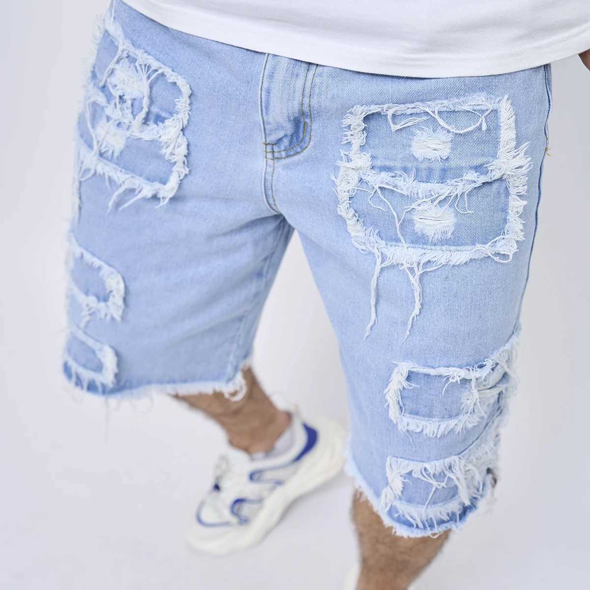 2024 Summer Mens High Street Ripped Patch Denim Shorts Stylish Solid Casual Male Straight Jeans ShortsXJ241206