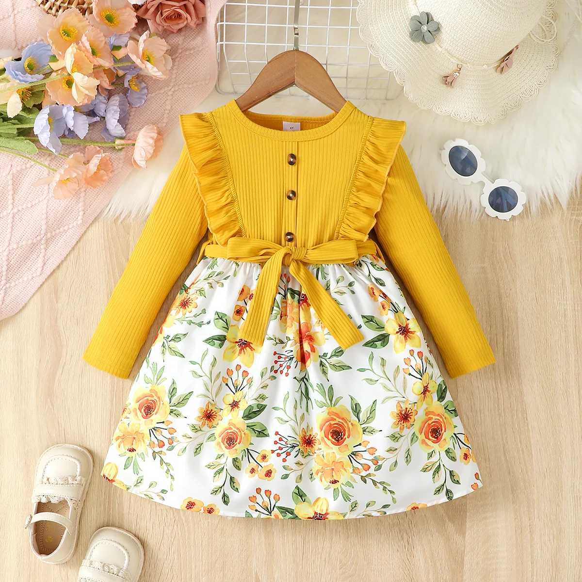 Casual And Comfortable Romantic Flower Pattern Flying Sleeve Long Sleeve Dress + Belt Spring And Autumn SleXJ241206