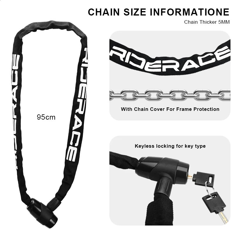 RIDERACE Bicycle Chain Lock Portable Antitheft High Security MTB Mountain Bike With 2 Keys For Scooter Electric EBike 241203