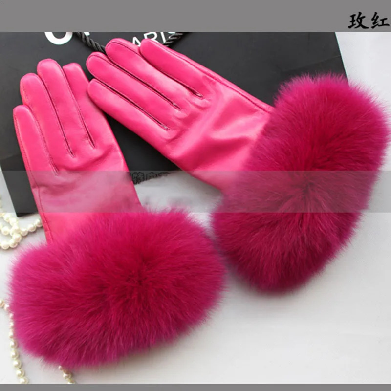 leather gloves with real fox fur womens fashion winter red hands warm black gloves driving mature fur gloves 241206
