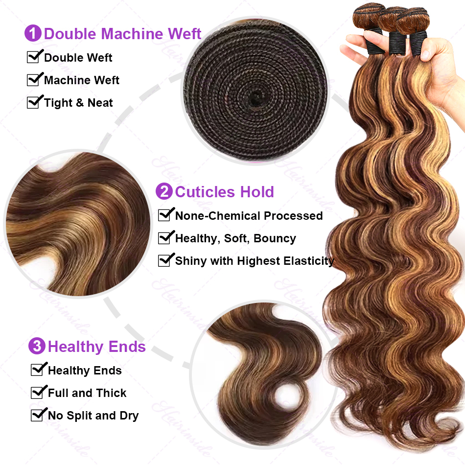Highlight Body Wave Raw 100% Human Hair Wavys Brown Colored Brazilian Remy 30 Inch Weave Bundles Extensions Double Weft