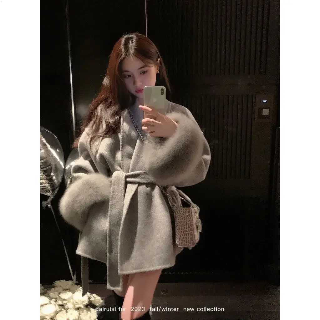 Korean fashion black tied wool coat womens clothing spring and summer loose high-end patchwork fur coat winter coat 241205