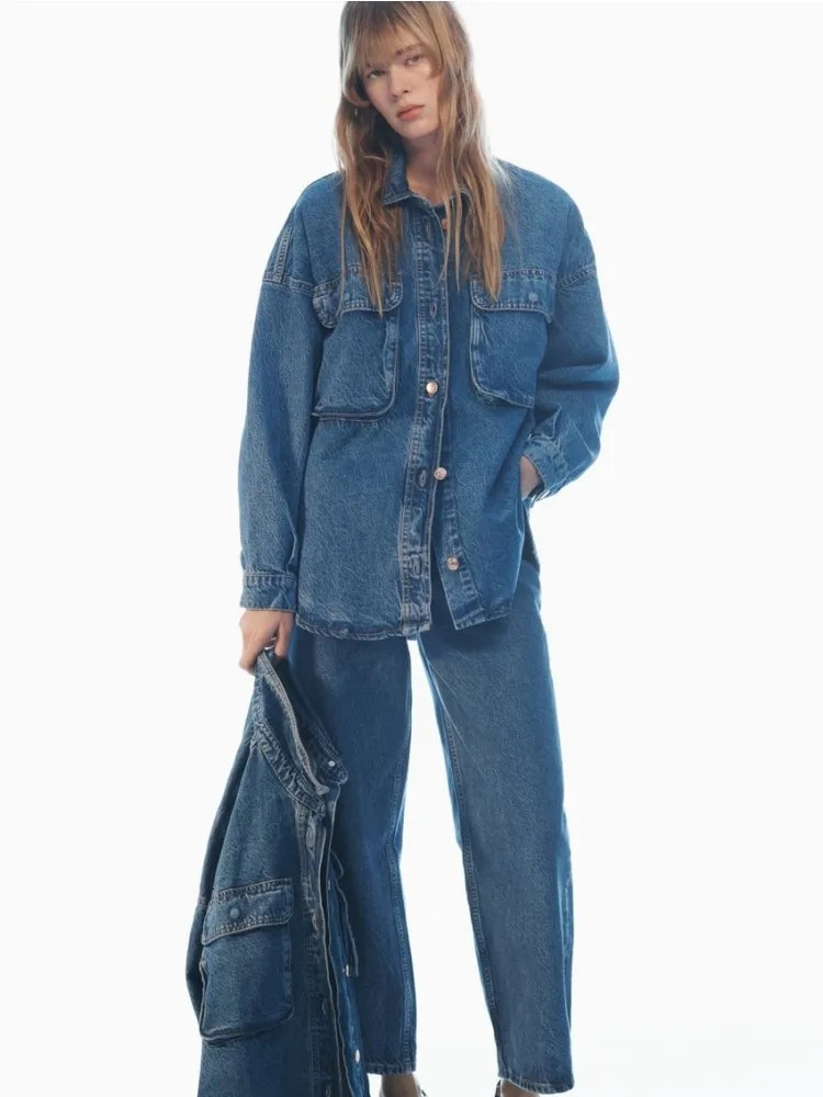 Blue loose denim shirt n with patch pockets set vintage washed casual lapel short jacket 241206