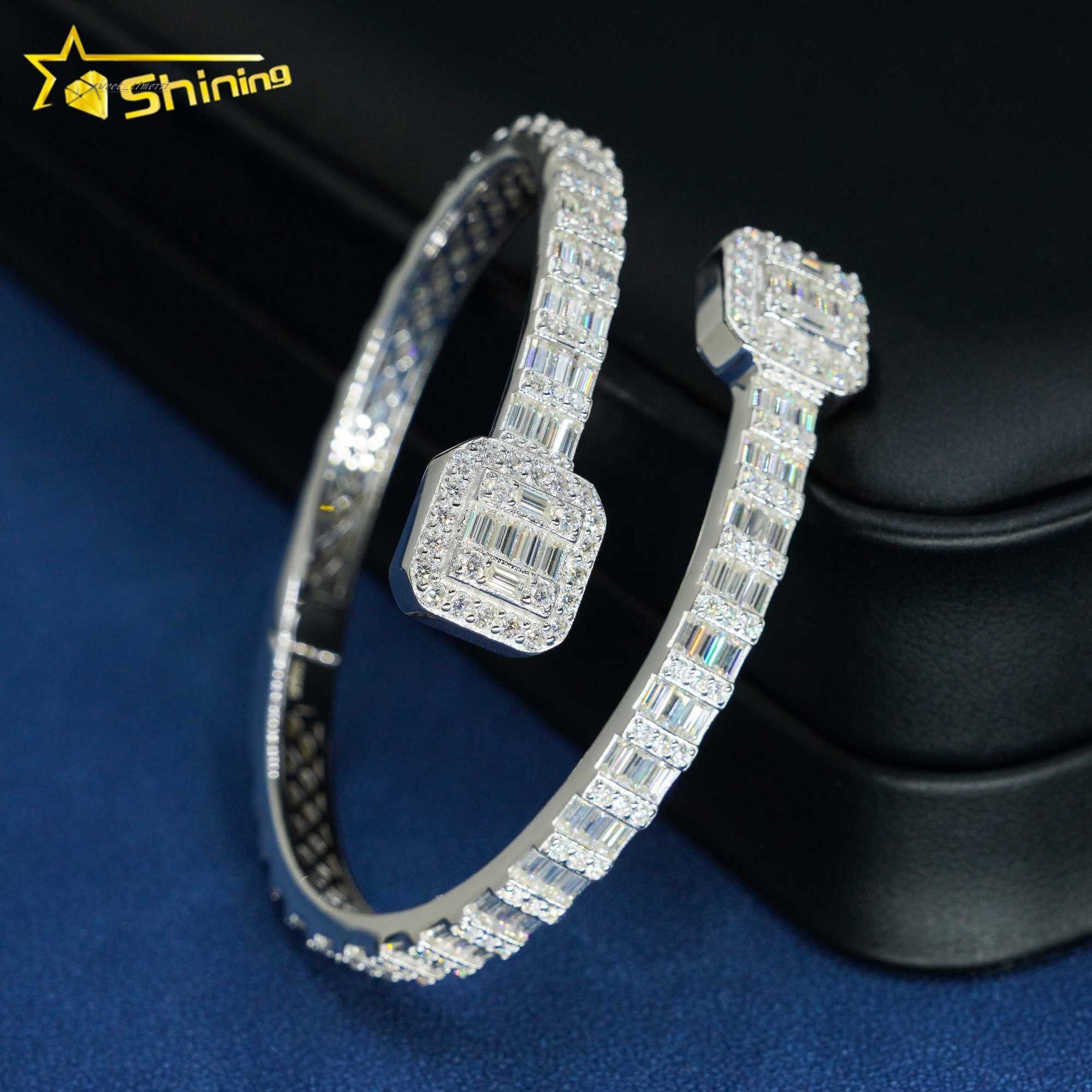 Factory Price Pass Diamond Tester Hip Hop Style 5MM Iced Out Baguette Diamond Square Clasp 925 Silver Moissanite Bangle Bracelet