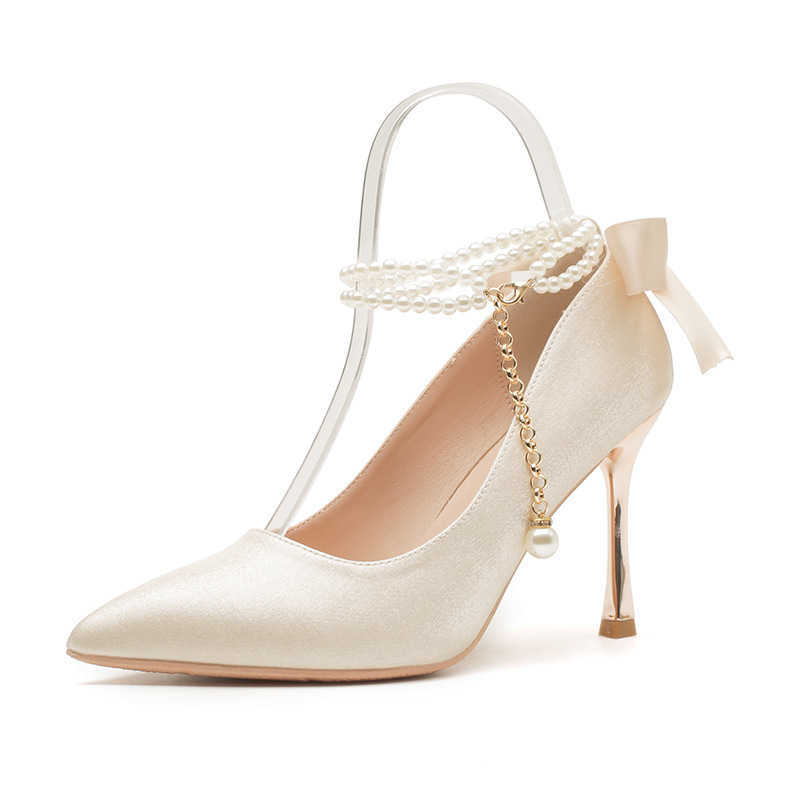 Heart Orchid New Ribbon Pearl Strap Pointed Narrow Heel High Heels Womens Versatile Commuting Sweet Series Large Size