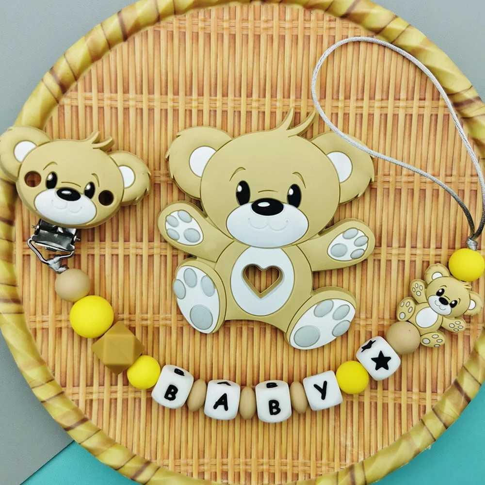Pacifier Holders Clips# Custom English Russian Silicone Letter Name Baby Bear Silicone Beads Pendant Pacifier Clips Chains Teether Baby Kawaii Toy Gif