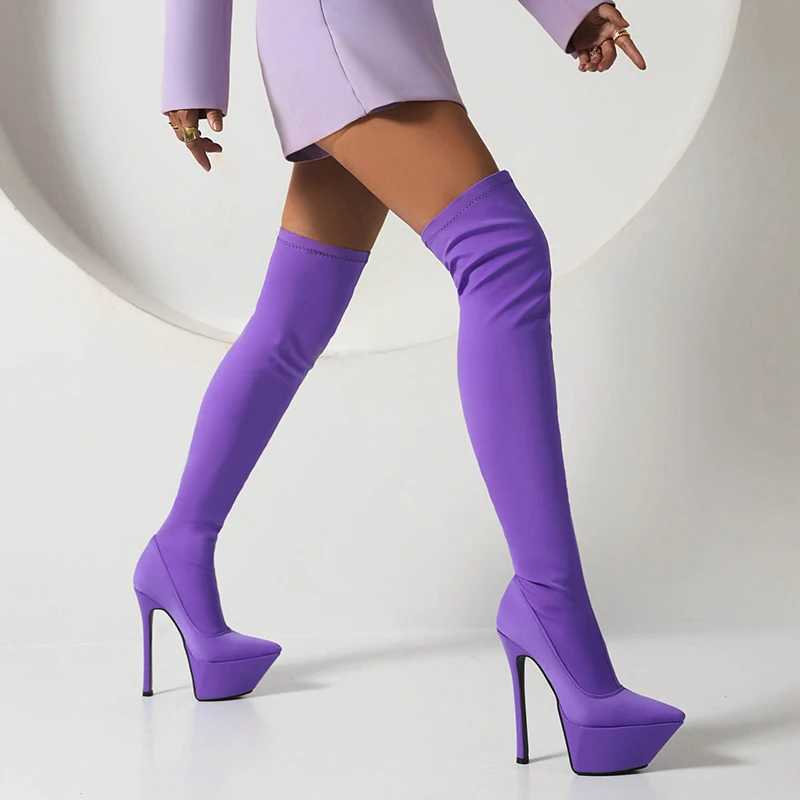 High Quality 200ple stretch satin fabric tra High platform sexy toe high-heeled shoes breathable lining warm over the knee boots T241206