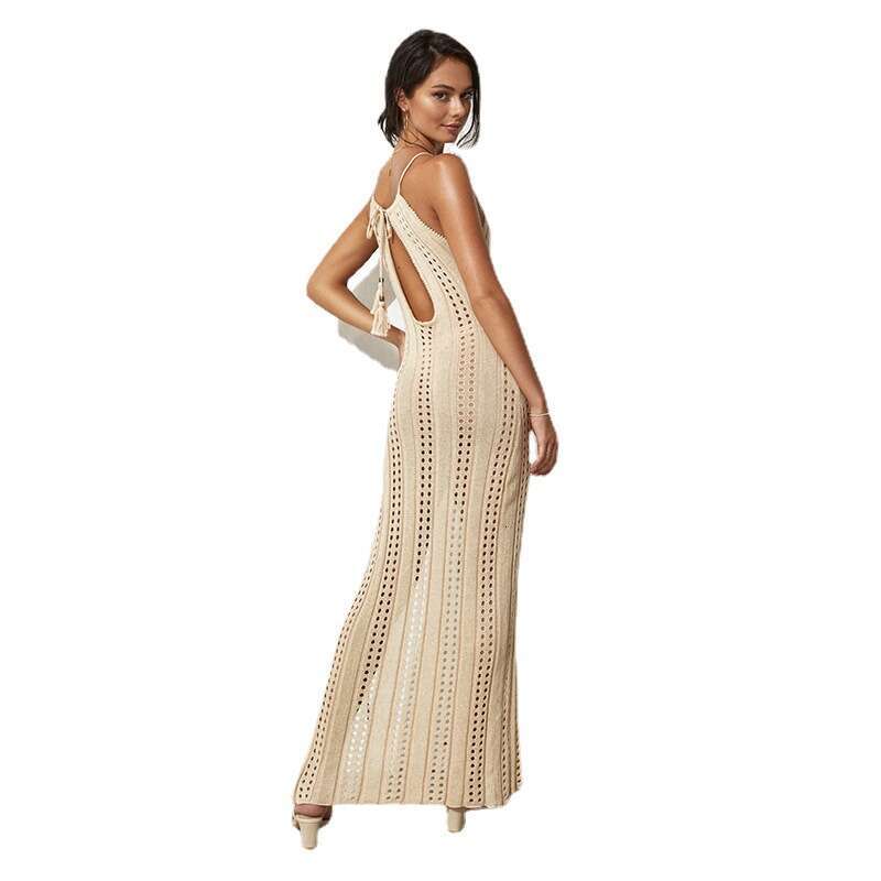 European and American suspender, backless side split sexy hollow out beach knitted dress, 2024 new casual versatile fashion clothing