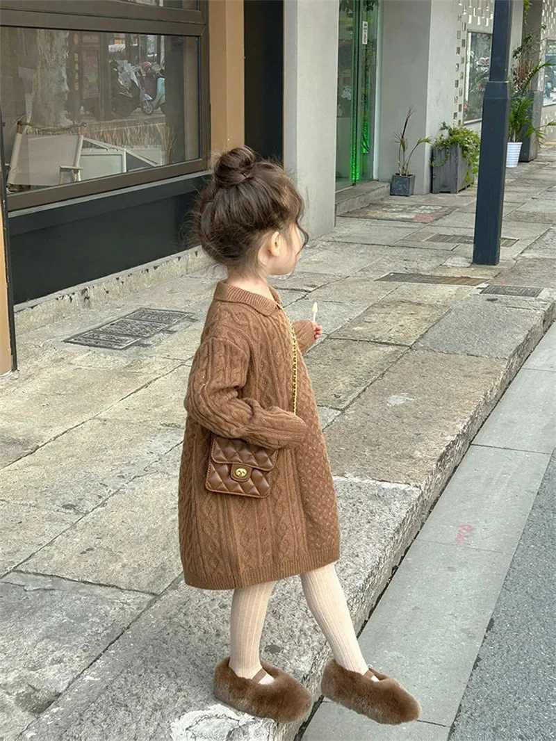 Childrens Clothing 2024 Korean Girls Versatile Dress 2024 Spring Autumn New Girls Baby Coffee Colored Sweater Long SkirtXJ241206