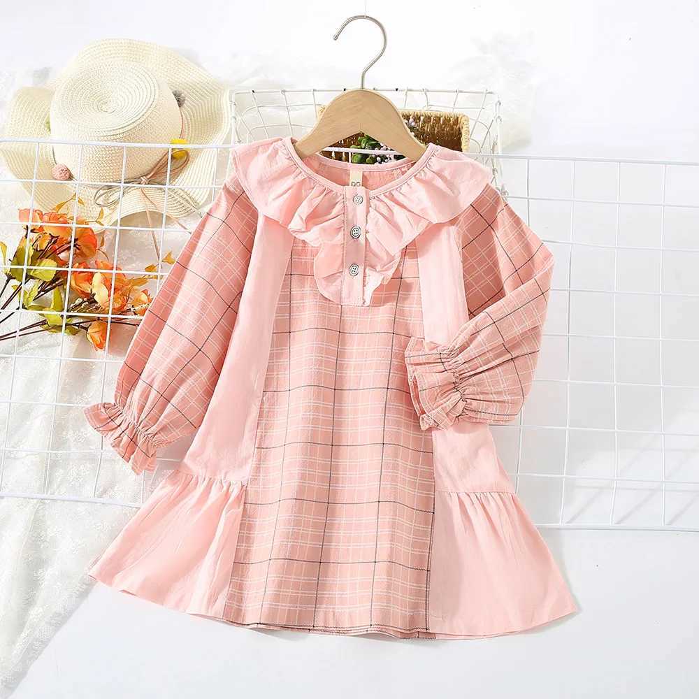 Girls Dress Spring and Autumn Childrens Fashion Ruffle Edge Round Neck Plaid Long sleeved Girls Dress TrendXJ241206