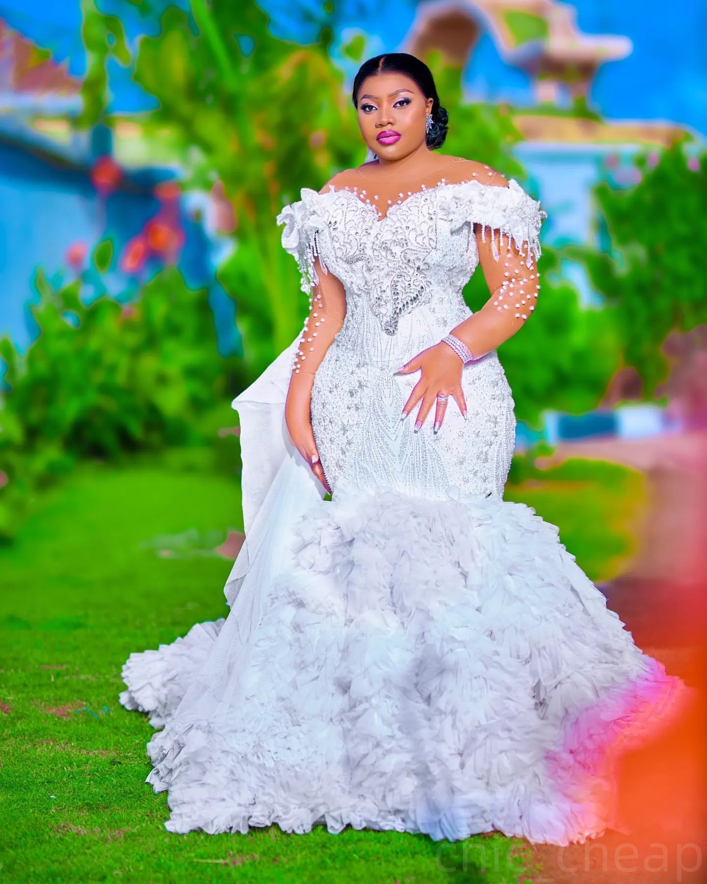 2025 Arabic Aso Ebi Plus Size Off White Mermaid Wedding Dresses Pearls Beaded Floral Lace Full Sleeves Luxurious Vintage Bridal Gowns Dress