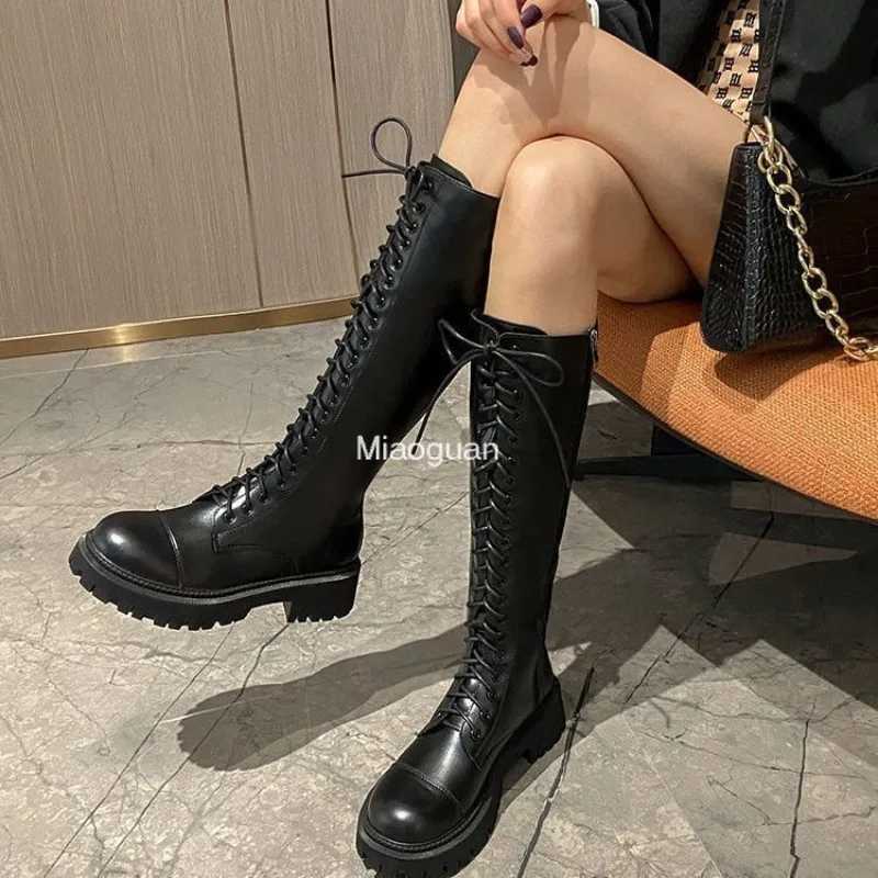 High Quality Fi Elegant Platform High Heels Lg Knight Cycling Boots Black Casual Shoes Winter Lace Upper Designer British Style T241206