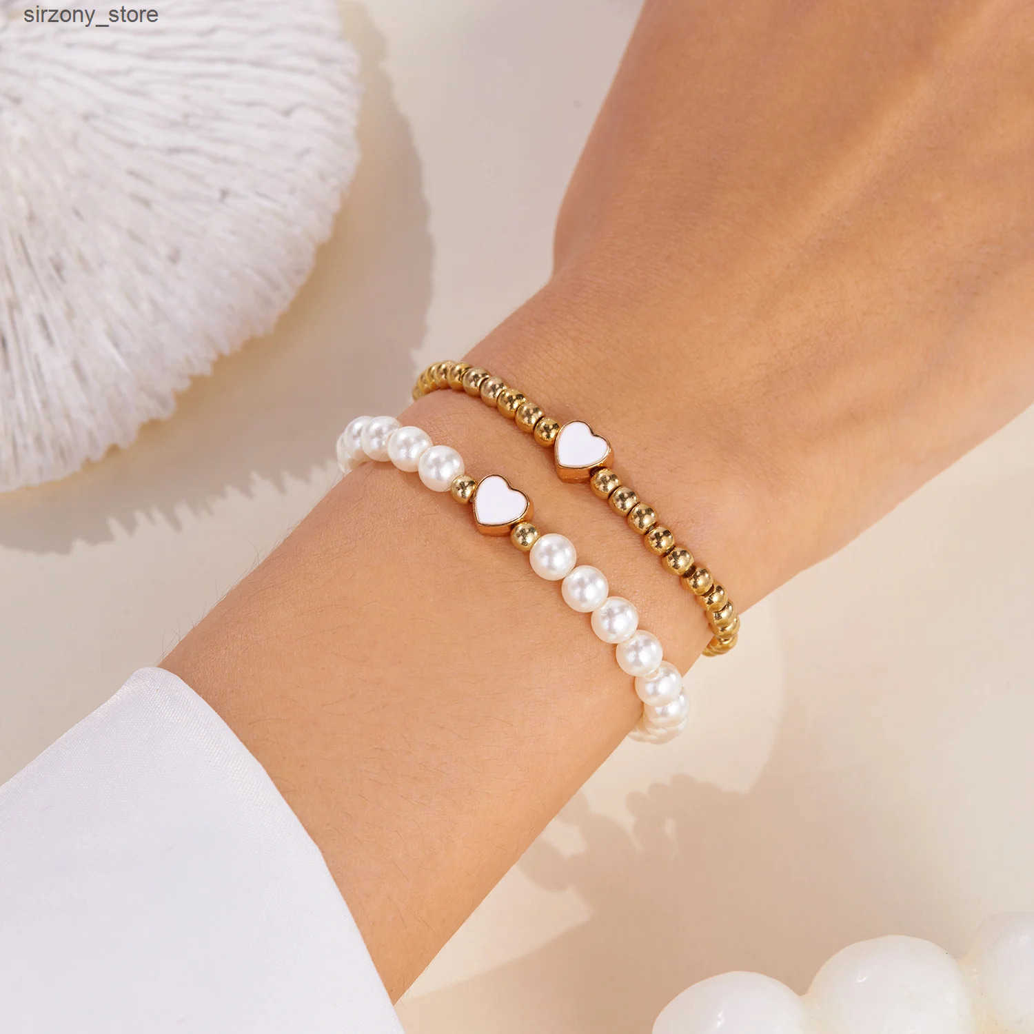 Beaded 2 PCS Simple Enamel Heart Simulated Pearl Beaded Bracelet for Women Girls Couple Lover Valentines Day Party Stretch Jewelry Set J241206