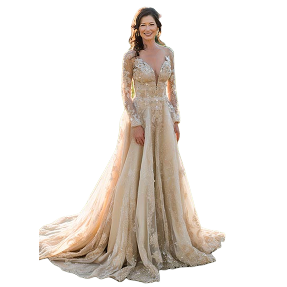 Vintage Champagne A Line Wedding Dresses Lace Appliques Tulle Long Sleeves Bridal Gown Elegant Bride Reception Dress 2025