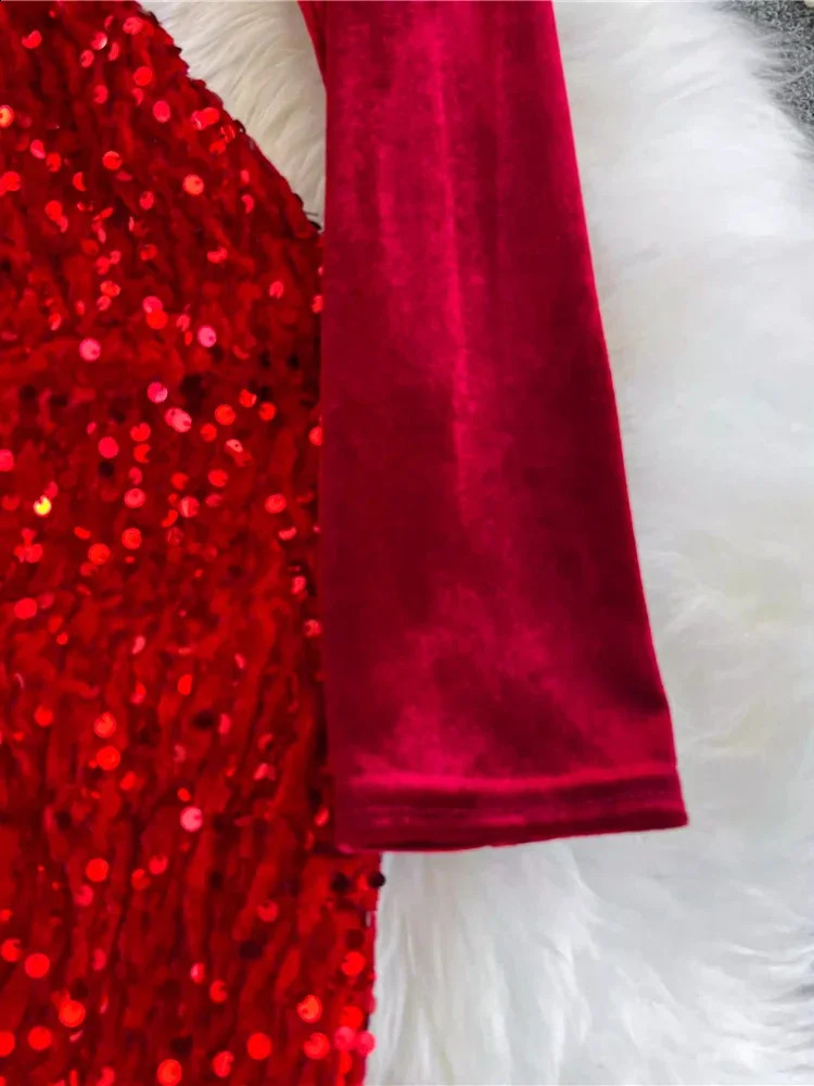 Autumn womens black/red sequined velvet party Midi dress retro V-neck long sleeved slim Vestidos elegant fashion robe 241206