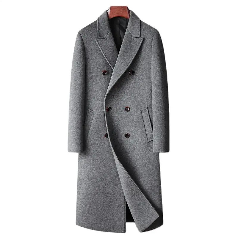 Autumn Winter Mens Wool Blends Coats Fashion Double Breasted Smart Casual Long Woolen Trench Men Trun Down Collar Outerwear 241205