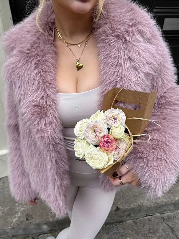 Chic Pink Lapel Furry Faux Fur Coat For Women Casual Warm Comting Long Sve Jackets Winter New Fe High Street OuterwearXJ241206