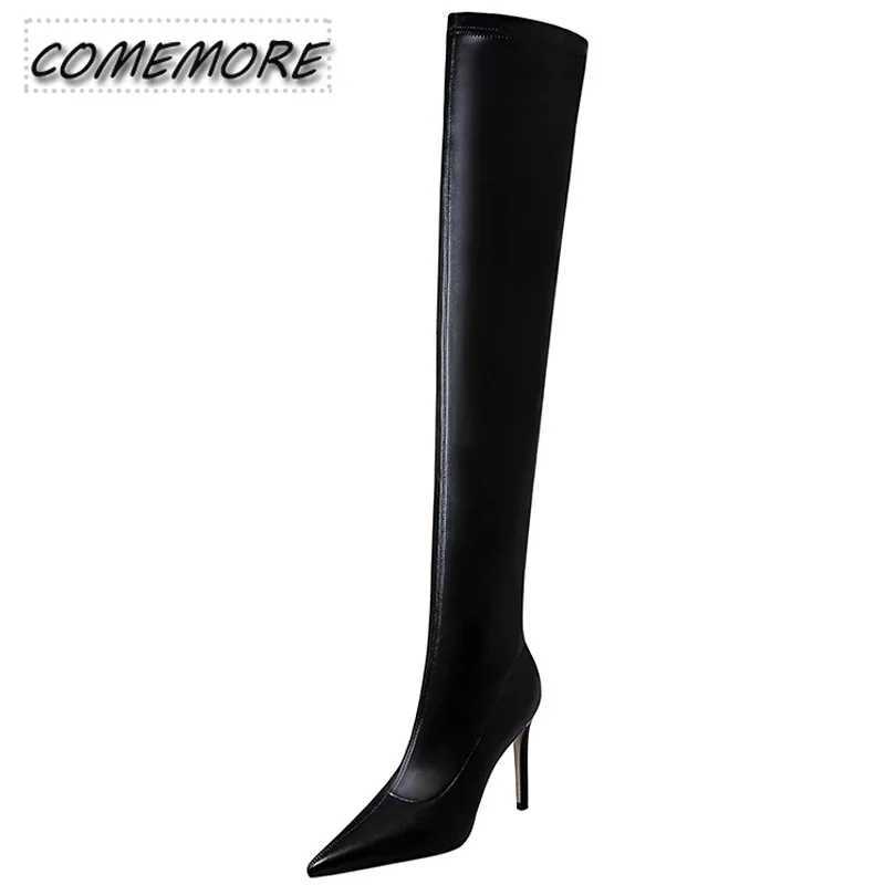 High Quality Classic slim high heels sexy knee high boots black leather Wans sexy thin high heels winter Lg boots Plus size 43 T241206