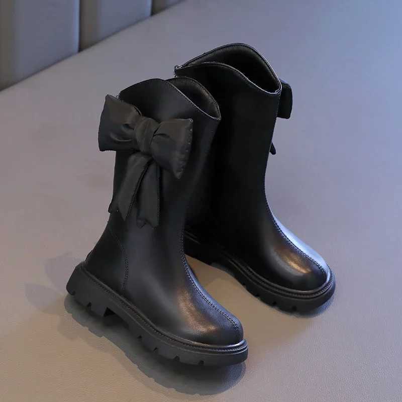 New Winter Girls Princess Cotton Boots Elegant Bowknot Children Causal Boots Fashion Black Versatile Kids Simple Mid-calf BootsXJ241206