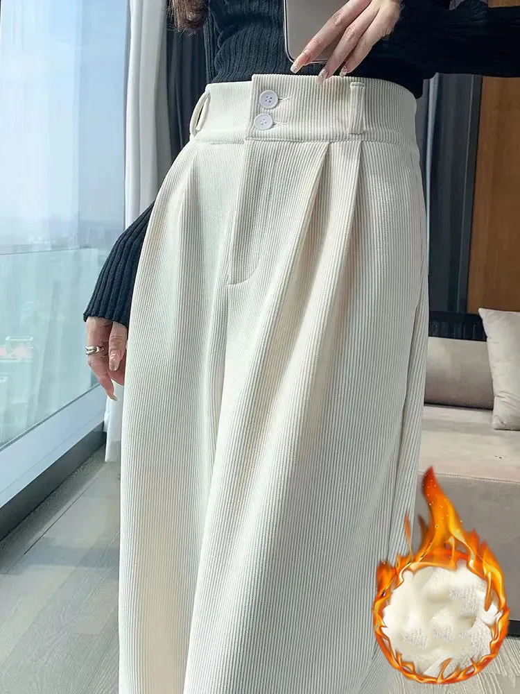 High waisted Plus velvet wide leg casual winter warm straight pants Korean fashion thick oversized 4xl sports pants 241202