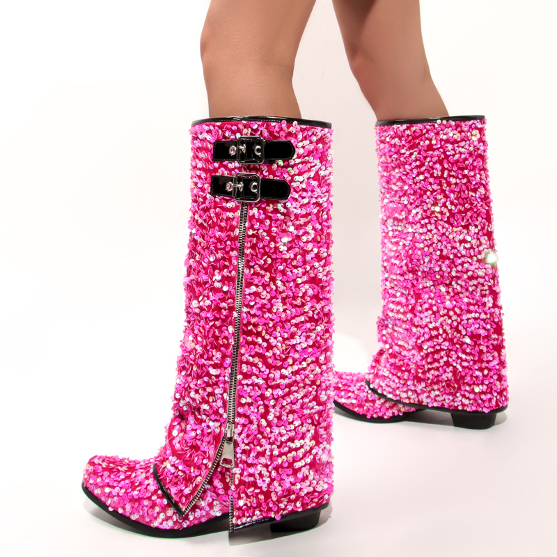 Bright Shiny Blue Women's Mid Calf Women Trouser Boots Slip On Catwalk Shoes