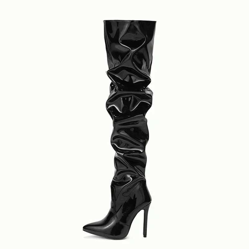 High Quality Boots above the knee Wenfei angular toes black side zipper thin H Fem shiny folds high heels T241206