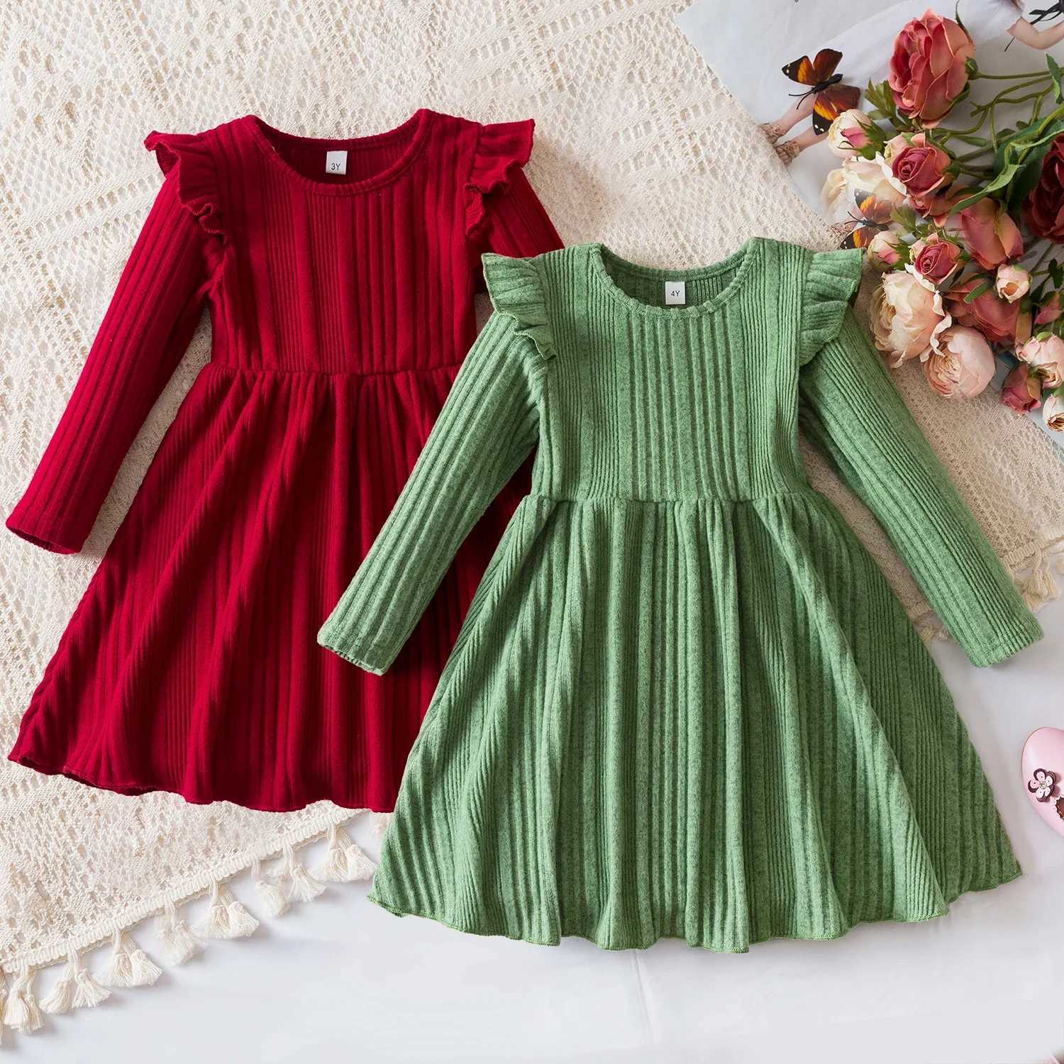 Autumn Girl Knitted Long-Sleeved Dress Winter Girl Ruffles Tutu Sweater Knitted Dress Girls Red/Green Christmas New Year ClothesXJ241206