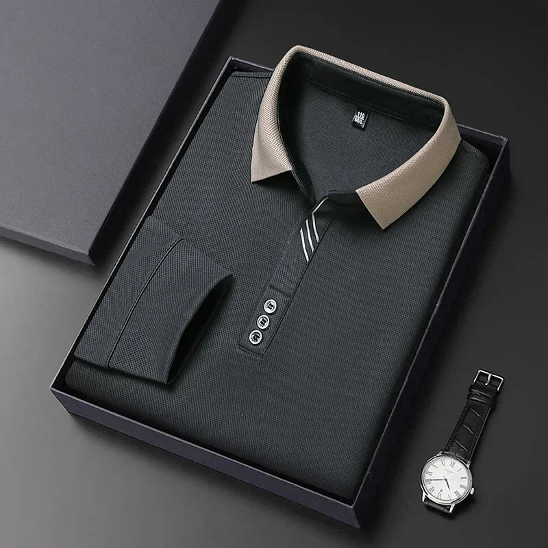 2025 Waffle Mens Long Sleeve T-shirt Spring Lapel Business Casual Polo Shirt Elastic Base Shirt Top Men Clothes 241206