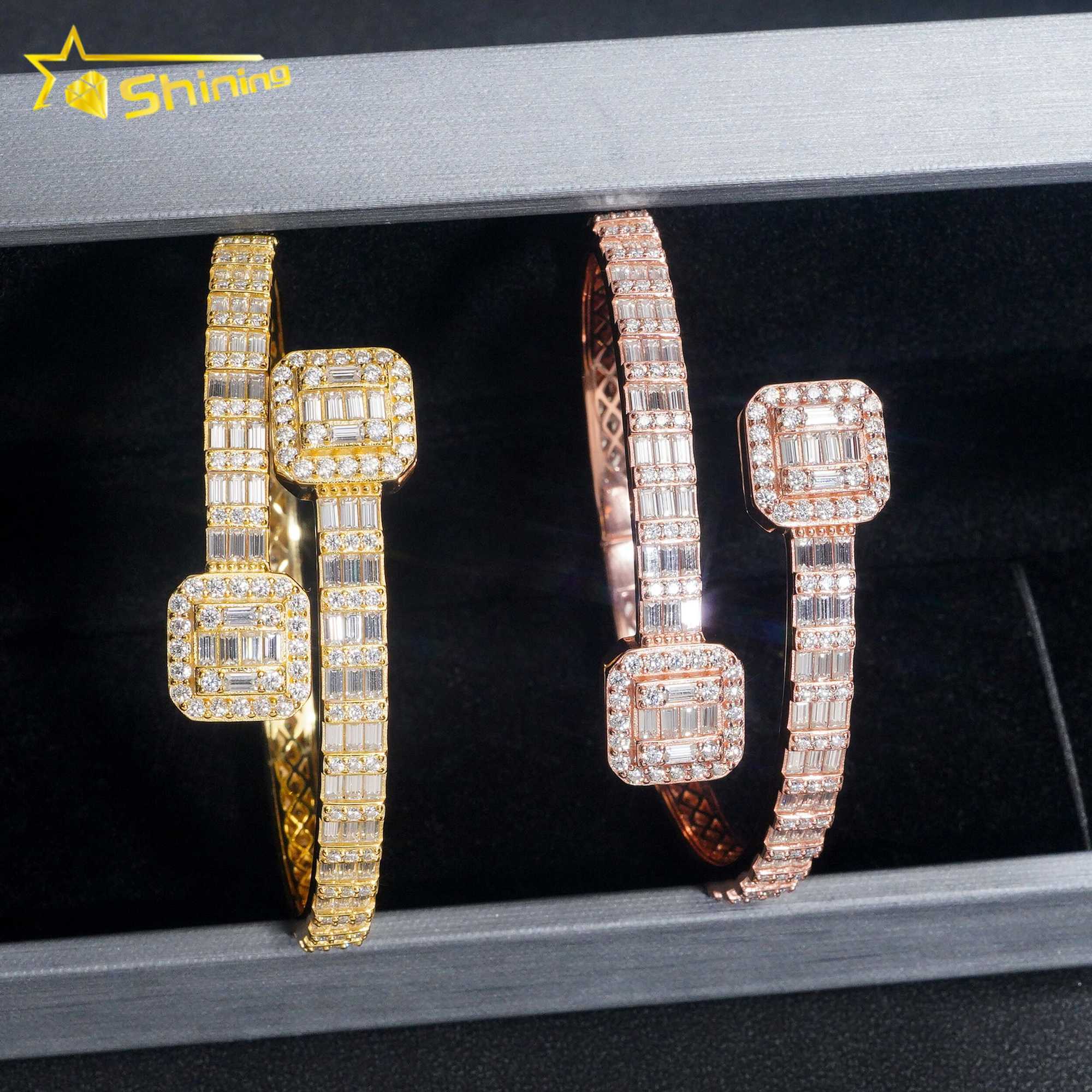 Factory Price Pass Diamond Tester Hip Hop Style 5MM Iced Out Baguette Diamond Square Clasp 925 Silver Moissanite Bangle Bracelet