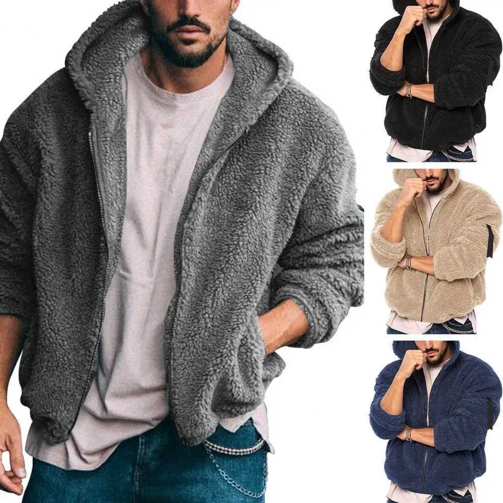 Men Thick Fleece Jacket Mens Trendy Fluffy Hooded Coat with Thickened Fleece Zipper Closure Long Sleeves for Winter for AutumnXJ241206