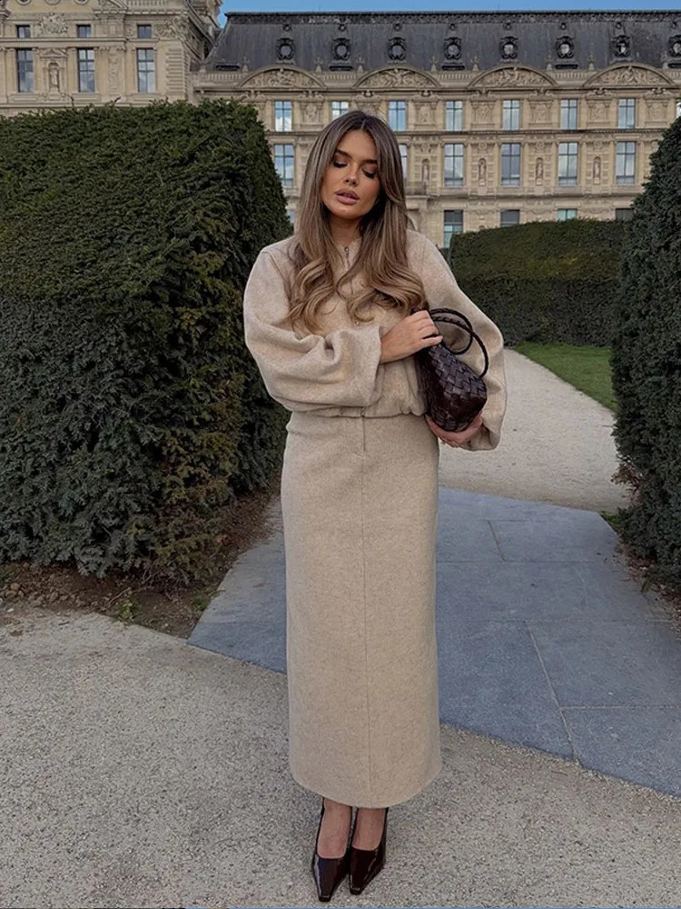 Women Fashion O Neck Zipper Woolen Cardigan Set Casual Solid Full Sleeves Long Skirt Suit Autumn Winter Female Commuting Outfits 241205