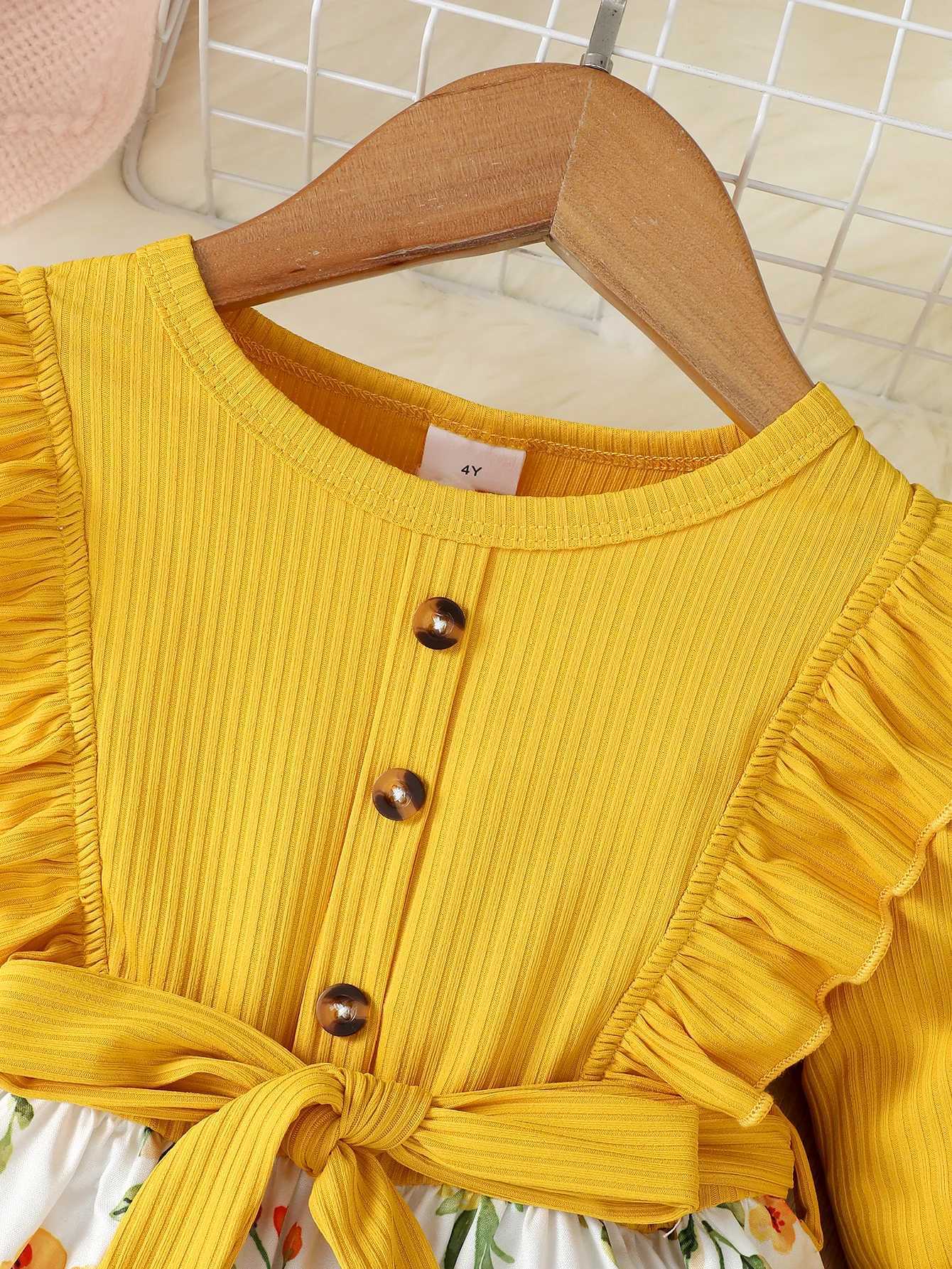 Casual And Comfortable Romantic Flower Pattern Flying Sleeve Long Sleeve Dress + Belt Spring And Autumn SleXJ241206