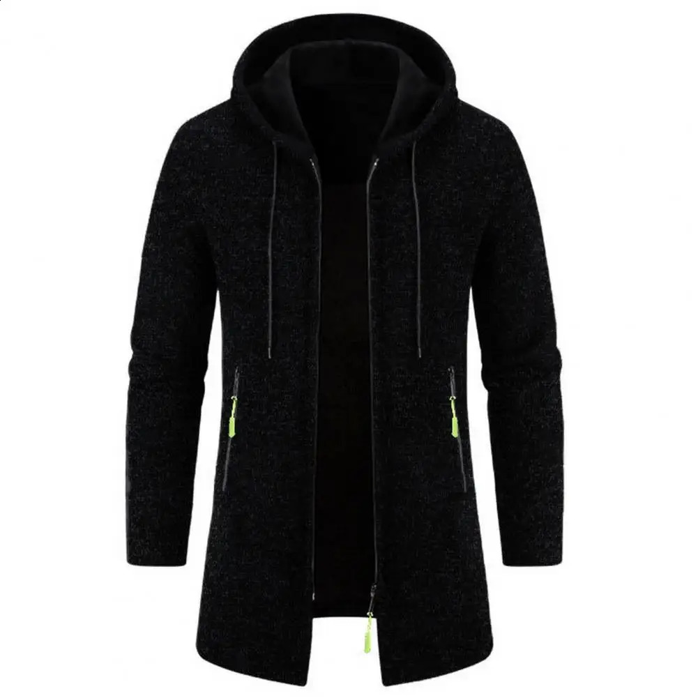 Men Coat Stylish Hooded Zipper Cardigan Versatile Mens Outerwear for Fallwinter Medium Length Thickened Knitwear 241205Z