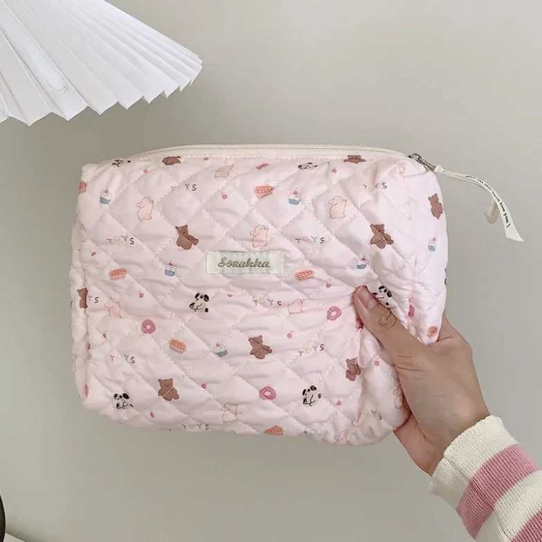 Cute Pink Womens Cosmetic Bag Make Up Case Quilted Cott Travel Storage Bags Portable W Bag Cluh Purse Handbags Mommy BagXJ241206