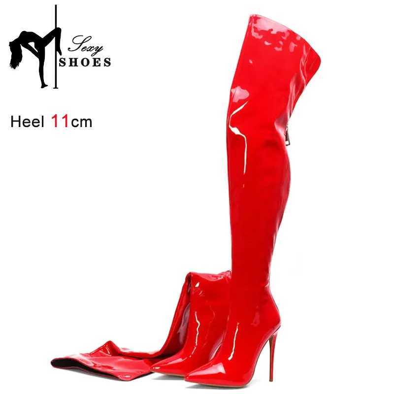 High Quality Womens shiny PU striped boots 11CM super knee boots spring/summer new item Pointed Toe back zipper womens Lg boots T241206