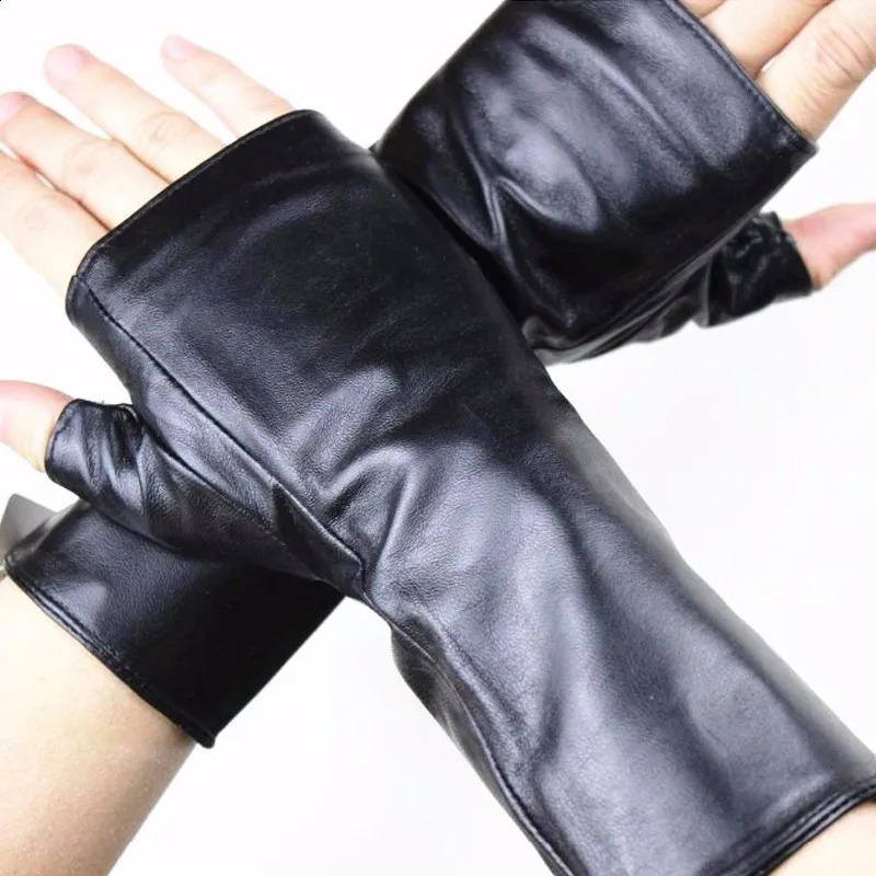 Long sheepskin half finger gloves womens leather car driving mens outdoor motorcycle no finger sun protection 241206